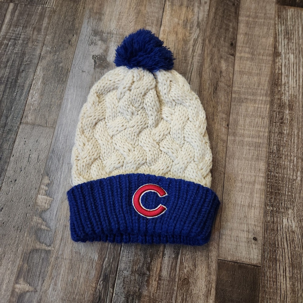 Fan Favorite Chicago Cubs Women Beanie Hat Cable Knit Pom Cream Blue MLB